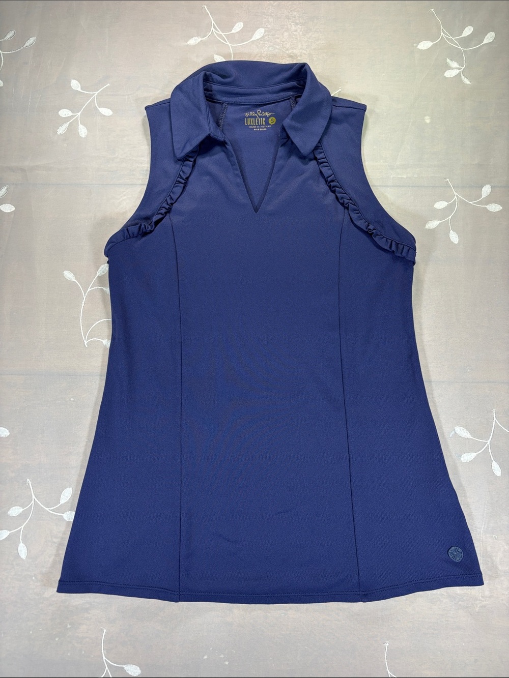 Lilly Pulitzer Luxletic Navy Blue Sleeveless Polo Tank with Ruffle Trim Sz S